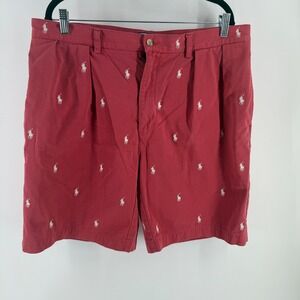 Polo Ralph Lauren Tyler Shorts Mens 38 Red All Over Pony Embroidered Pleated 9"